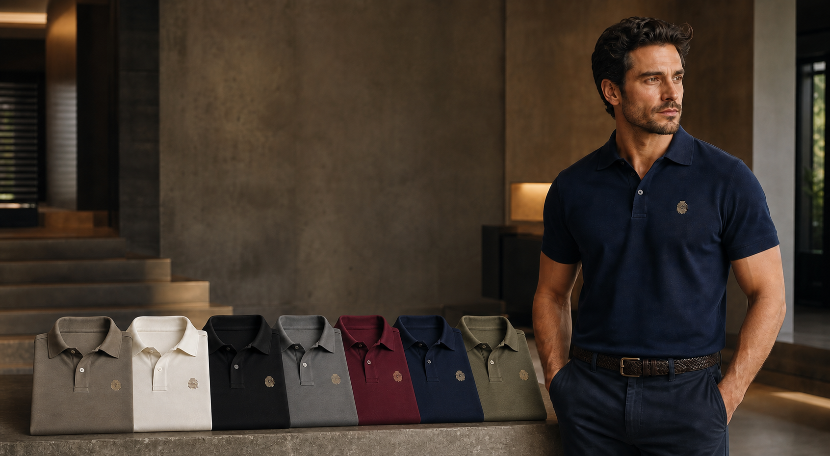 Goed gestijlde man in een navy SPOORCODE-polo naast herenpolo's in taupe, crème, zwart, grijs, bordeaux, navy en mosgroen
