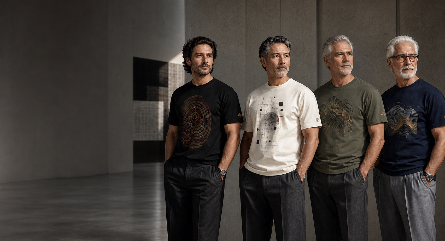 Vier volwassen mannen van verschillende leeftijden in zwarte, crèmekleurige, mosgroene en navy SPOORCODE T-shirts met stijlvolle grafische prints en een klein mouwlogo