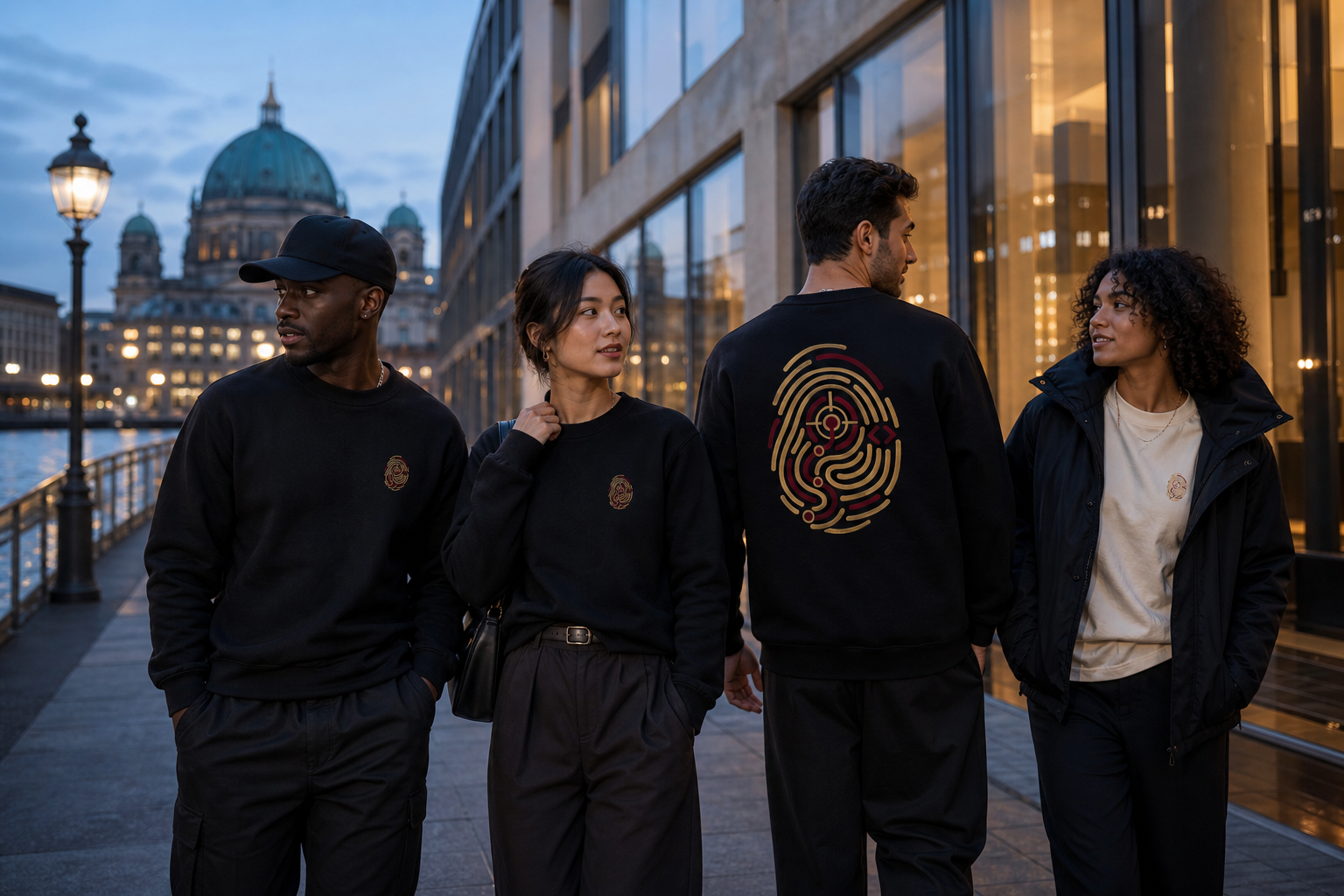 Diverse volwassen groep in SPOORCODE streetwear in een internationale stad